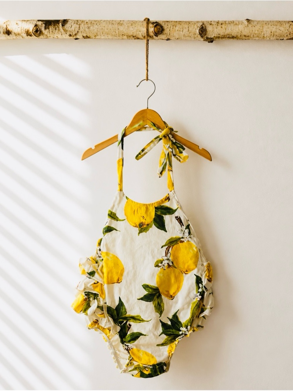 Kids Lemon Print Tie-Shoulder Romper - Yellow